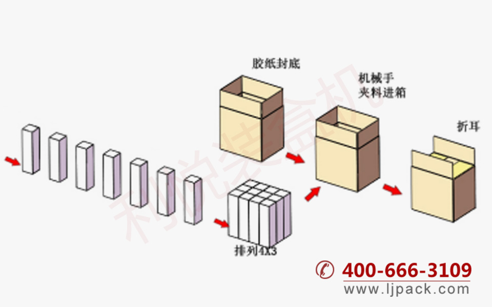 立式自動裝箱機(jī)包裝流程示意圖